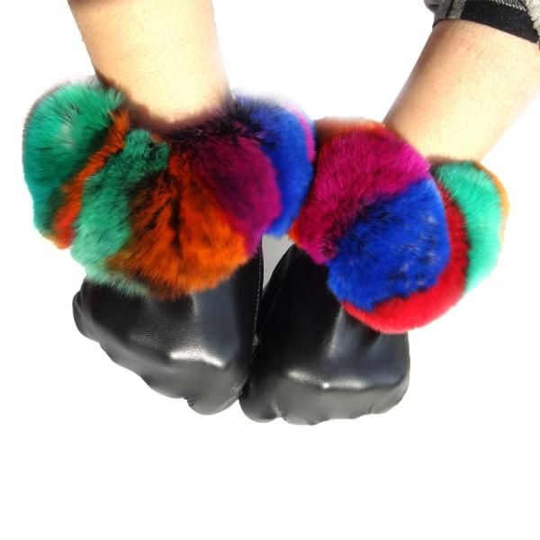 Beautiful Design Colored Leather Gloves , Rabbit Fur Gloves Black Color