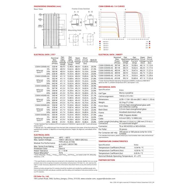 CanadianSolar BiHiKu6 CS6W-530 535 540 545 550 555W Bifacial Monocrystalline Module