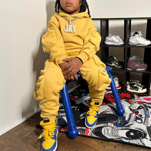 3d Embroidery Zip Up Hoodie And Cargo Pants Slim Fit Kids Sweatsuit Set