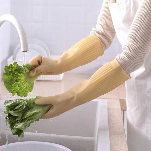 Anti Leakage Flock Lined Gloves Natural Latex 380mm Extra Long Dish Gloves