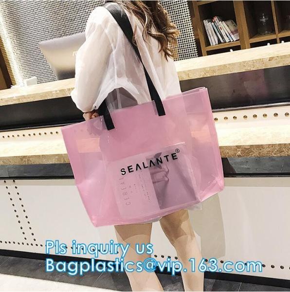 Semi-clear Tote Bags Stripe PVC Shoulder Bag with Pouch, PVC PU Trendy Handbag Shoulder Bag Beach Bag, PVC shoulder bag