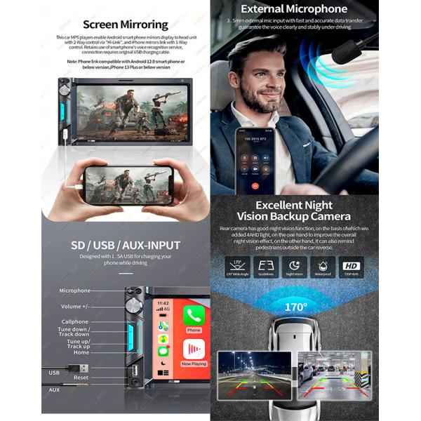 2Din MP5 Car Stereo Carplay 7 дюймовый универсальный сенсорный экран MP5 Car Stereo Wince System