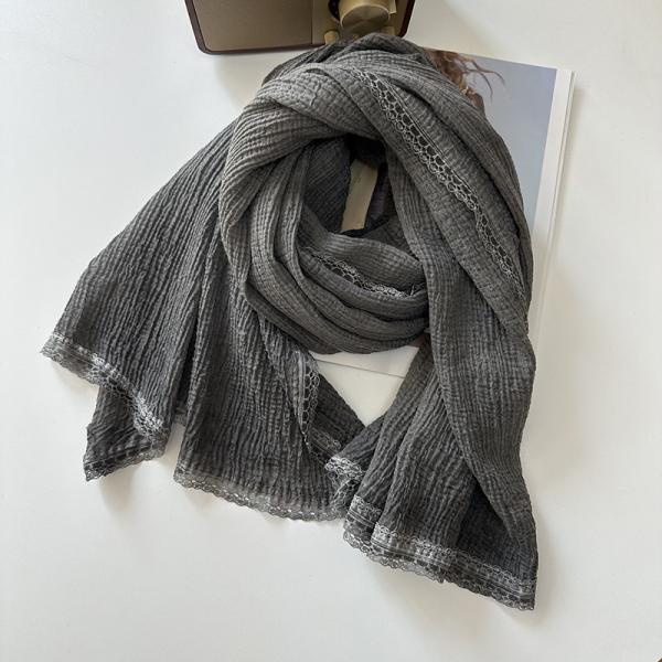 Y-Z Luxury Shawl Scarf Women Korean Lace Embroidery Plain Color Cotton and Linen Scarf Sunscreen Scarves