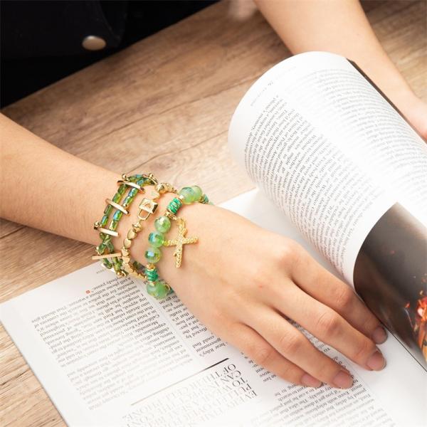 Grânulo de vidro verde feito a mão Crystal Dainty Bracelet Stackable elástico da semente