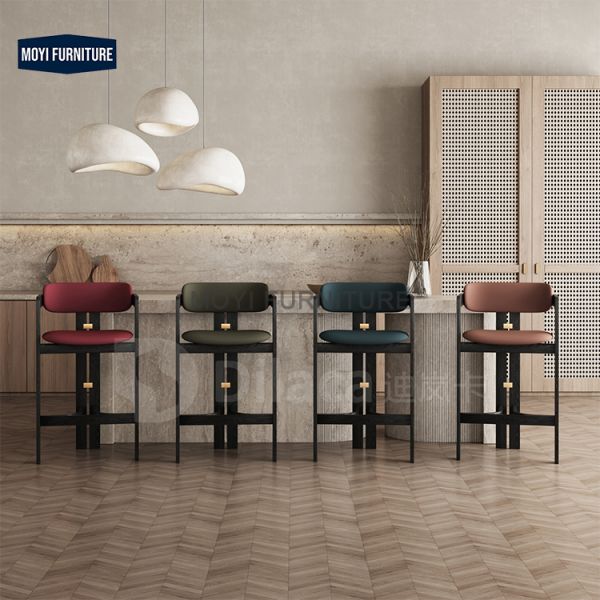 MOYI Modern Nordic Vintage Wooden Leather Upholstered Bar Stools for Kitchen Island and Counter