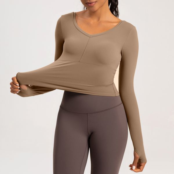 Long Sleeve V Neck Ruched Women Activewear Tops Light Purple Thumb Hole Cropped