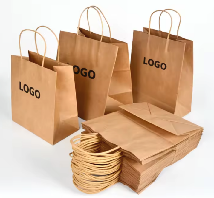 Custom Logo Printed Brown Kraft Shopping Bags for Food Delivery & Takeout with Handles