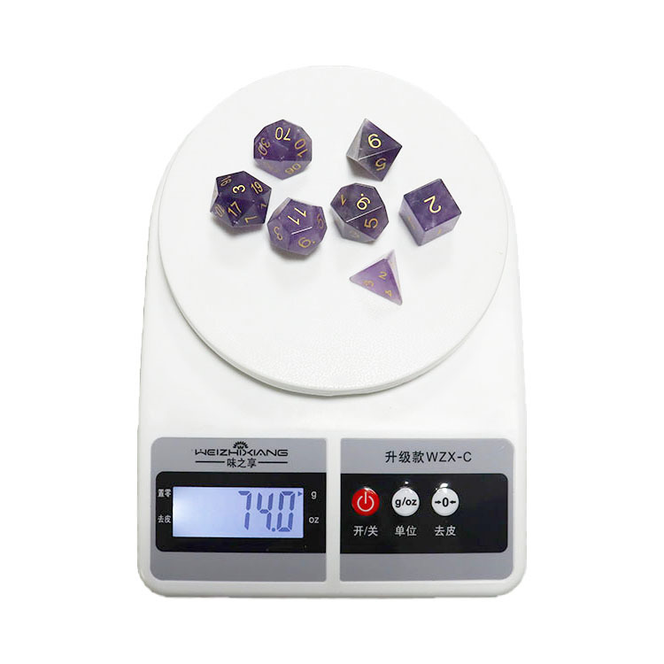 Natural Amethyst Gemstone Polyhedral Dice Set - Hand Carved DND Dice with Golden Ink Engraved Numbers