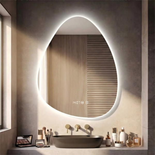 Modern Droplet-Shaped LED Bathroom Mirror with Touch Control - Anti-Fog| Illuminated | Clock,for Hotel & Home