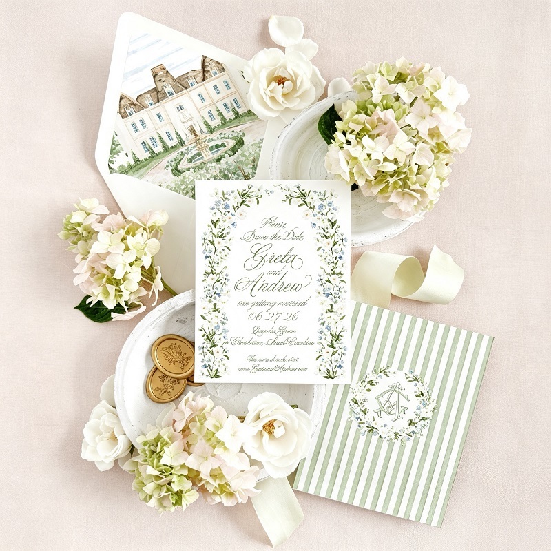 Watercolor Venue Illustration Wedding Invitation Cards Set For Luxury Events