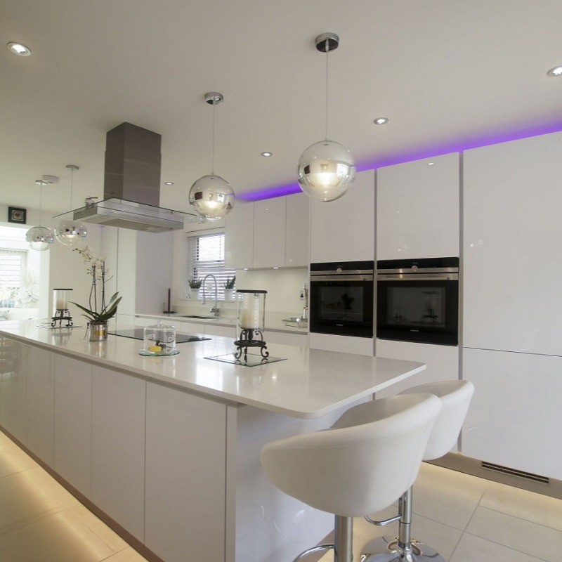 Lacquer Finished Kitchen Cabinet with Acrylic Door Panel and Quartz Stone Countertop