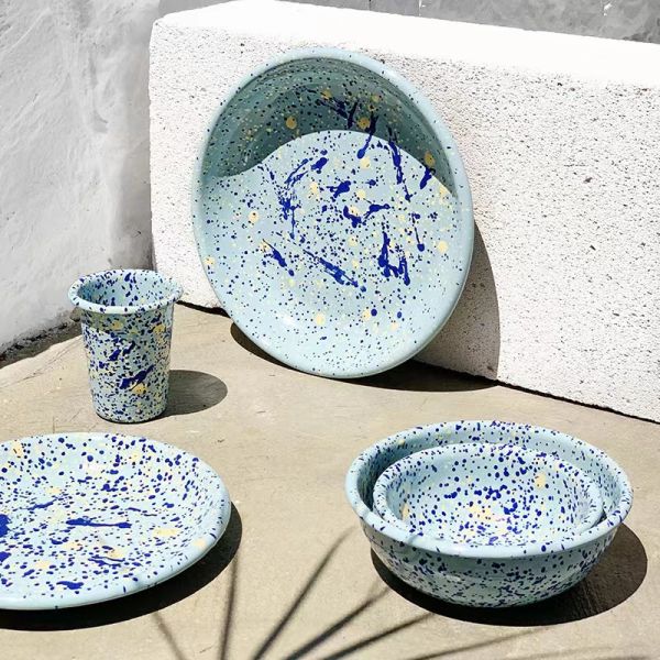 Speckle Enamel Coating Soup Bowl Plate Round Plate Mug Cup Bowl Dish Set