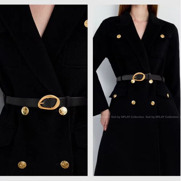 Thin Adjustable Belt Genuine Leather Belts for Women Matte Gold Oval Buckle Belts for Dresses