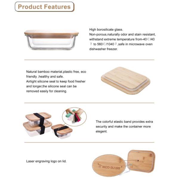 IKOO Microwave Safe Bamboo Lid Borosilicate Glass Food Container