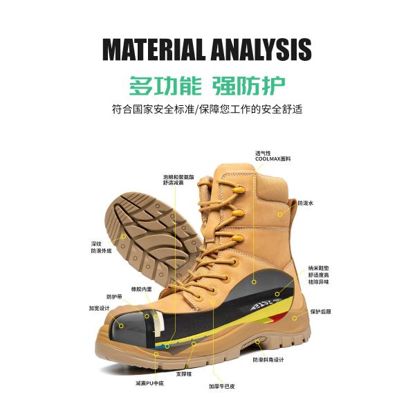 Wheat Cowhide Rubber Sole Glass Fiber Toe Security Guard Work Boots Anti Smashing Kevlar Anti-Proof Work Shoes