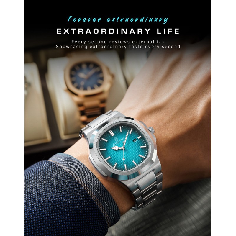 Men's Square Nautilus Style Automatic Watch – Tapestry Dial Steel Bracelet