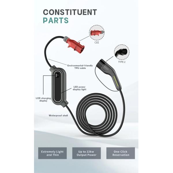 22кВ 32А 3-фазная портативная зарядная станция для электромобилей типа 2 380В