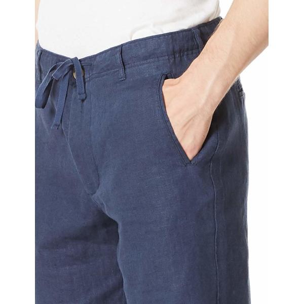 Low Waist Zipper Fly Mens Linen Shorts Navy Straight Leg with 2 Pockets