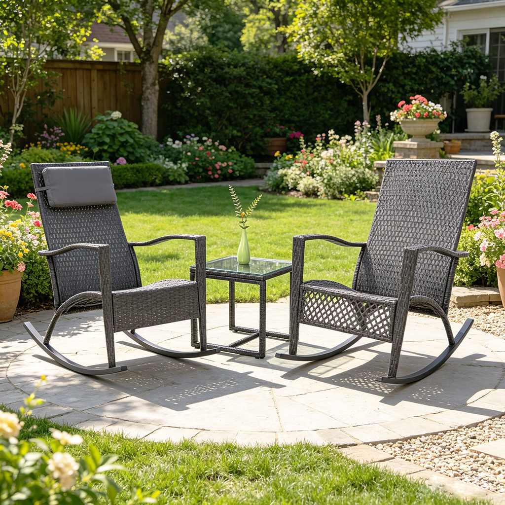 All-Weather PE Rattan Rocking Chair Set Outdoor Patio Conversation Wicker Rockers Tempered Glass Coffee Table for Balcony