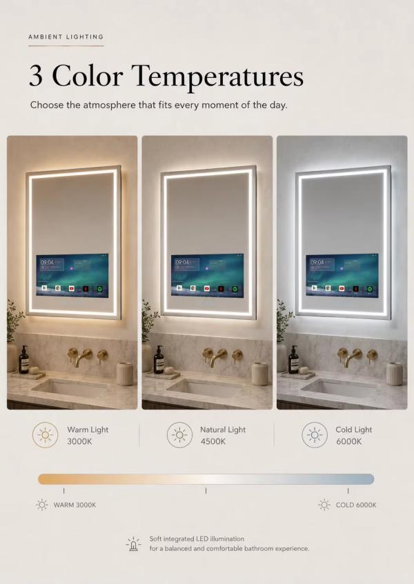 Kingstin Premium Frameless HD Glass LED TV Mirror for Bathroom, Smart App Touch Screen, 100% Customized Sizes