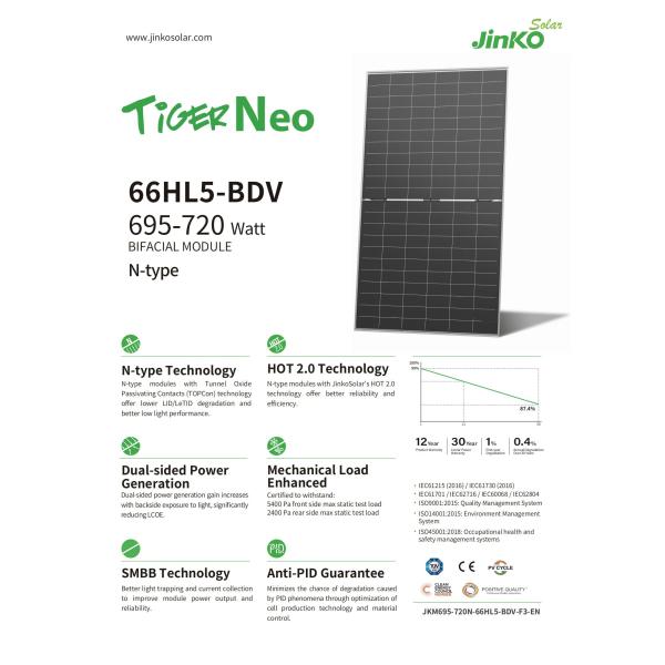 Jinko N Type Tiger 700W 710W 720W Моно-солнечные панели 1 уровня для домашнего электричества монокристаллические