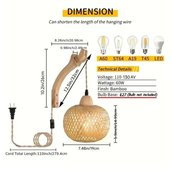 Natural Rattan Wicker Hand-Woven  Bamboo Lantern Wall Lamp with plug  (WH-VR-136)