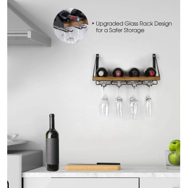 Non-folding Rack Rustic Wood Wall Mount Wine Rack with 4 Metal Wire Glass Holder Custom Design
