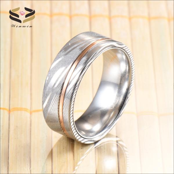 Engagement Men's Damascus Steel Rings 8mm with Tungsten Core Inner And Copper Inlay