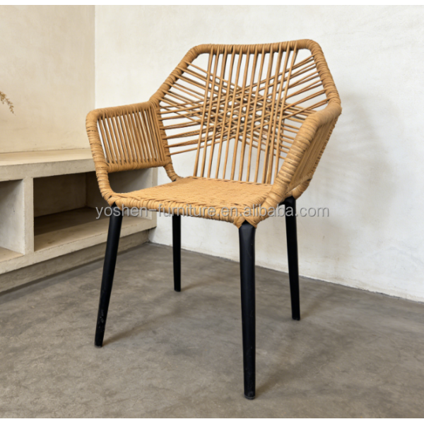 Yoshen Stackable Outdoor Hand Woven Rattan Chair Black Frame for Patio Cafe Commercial Use