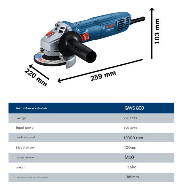 GWS800 Corded Angle Grinder 800W 100mm Disc Electric Grinding Machine for Metal Cutting Polishing Rust Removal Power Tools