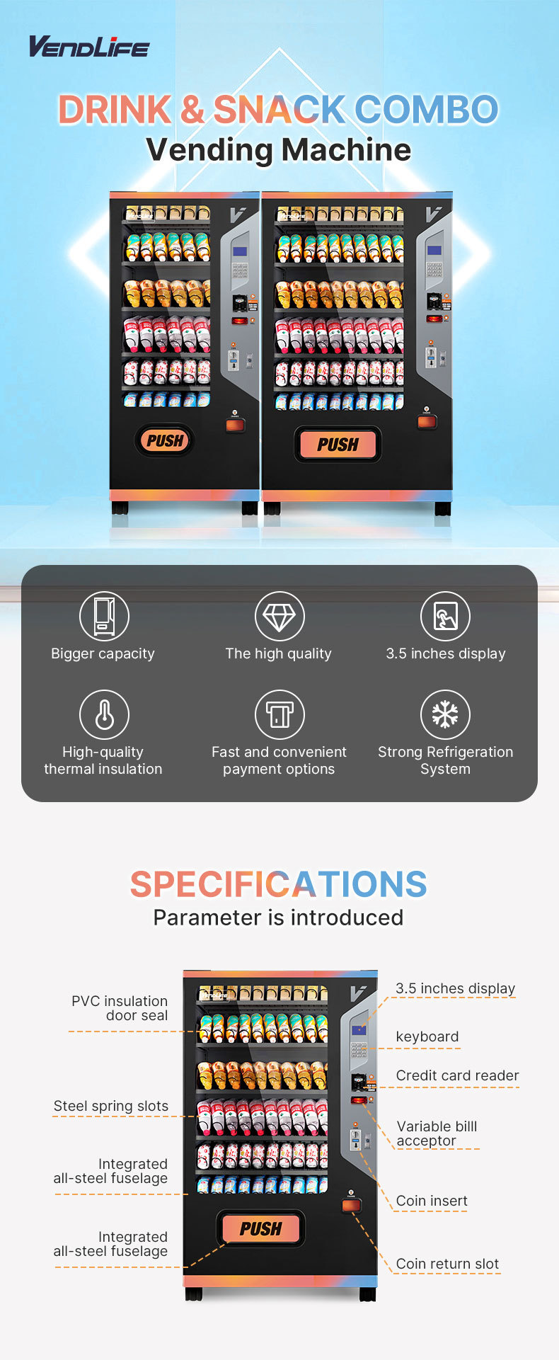 Commercial Button Operated Drink and Snack Combo Vending Machine with Refrigerated Cooling System, Keypad Selection, Large Capacity Storage and Multiple Payment Options for Self-Service Retail Busines
