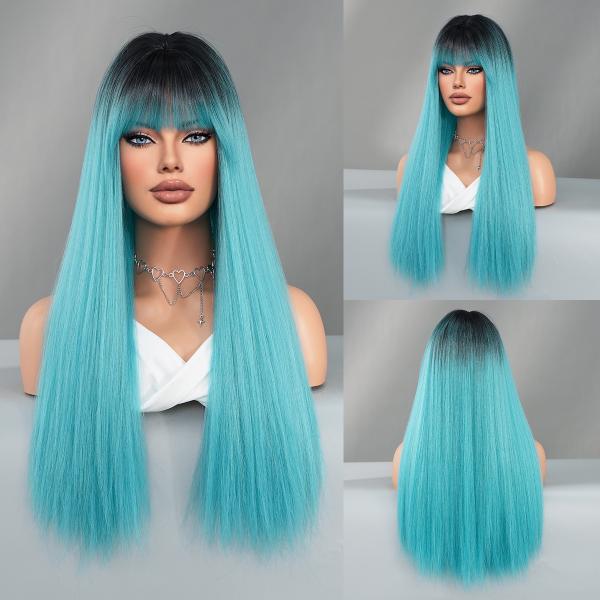Fashion Long Straight Dark Root Hair Blue Synthetic Wigs For Women