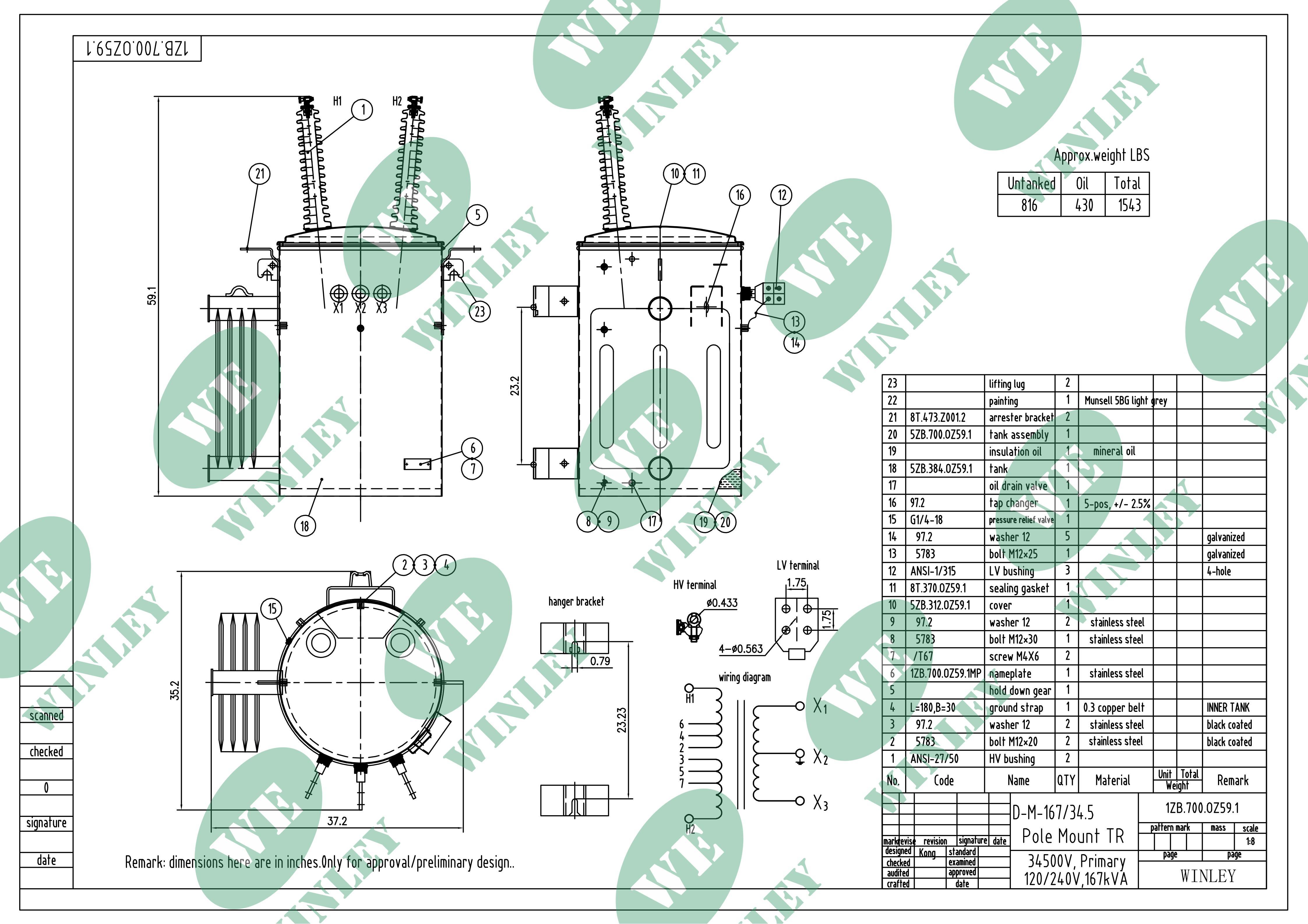 167kVA Single Phase Pole Mounted Transformer 34500V to 120/240V Overhead Distribution Type ANSI/IEEE Standards DOE 2016 Efficiency