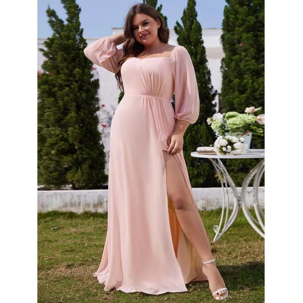 Plus Size Ruffled Sweetheart Neck Long-sleeved High Slit Pink Chiffon Off-shoulder Bridesmaid Dresses 