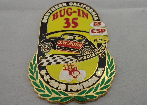 Synthetic Enamel, Gold Plating Metal Souvenir Gift Car Badge with Laser Engraved On Back Side