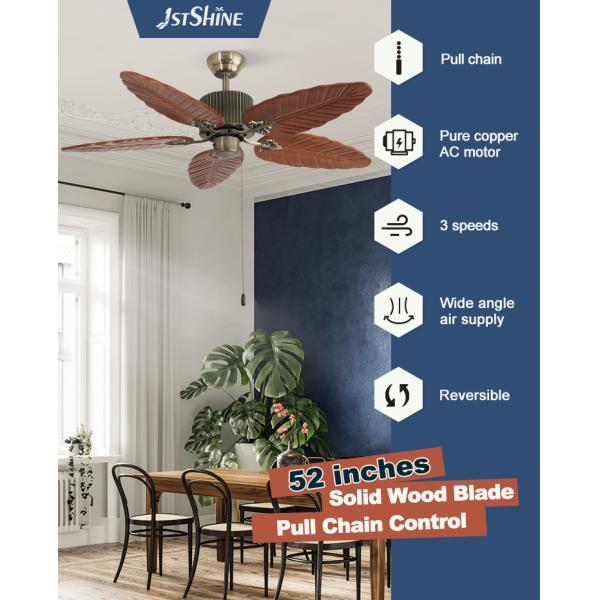 1stshine Ventilador de teto de casa com lâminas de madeira maciça e 3 velocidades de puxar controle de cadeia