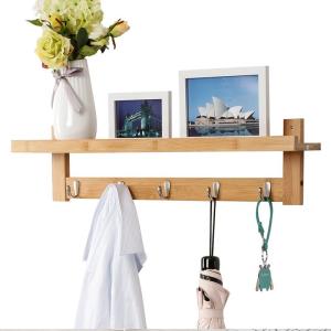 Convenient Living Room Storage Bamboo Wall-Mounted Coat Hook Rack with Upper