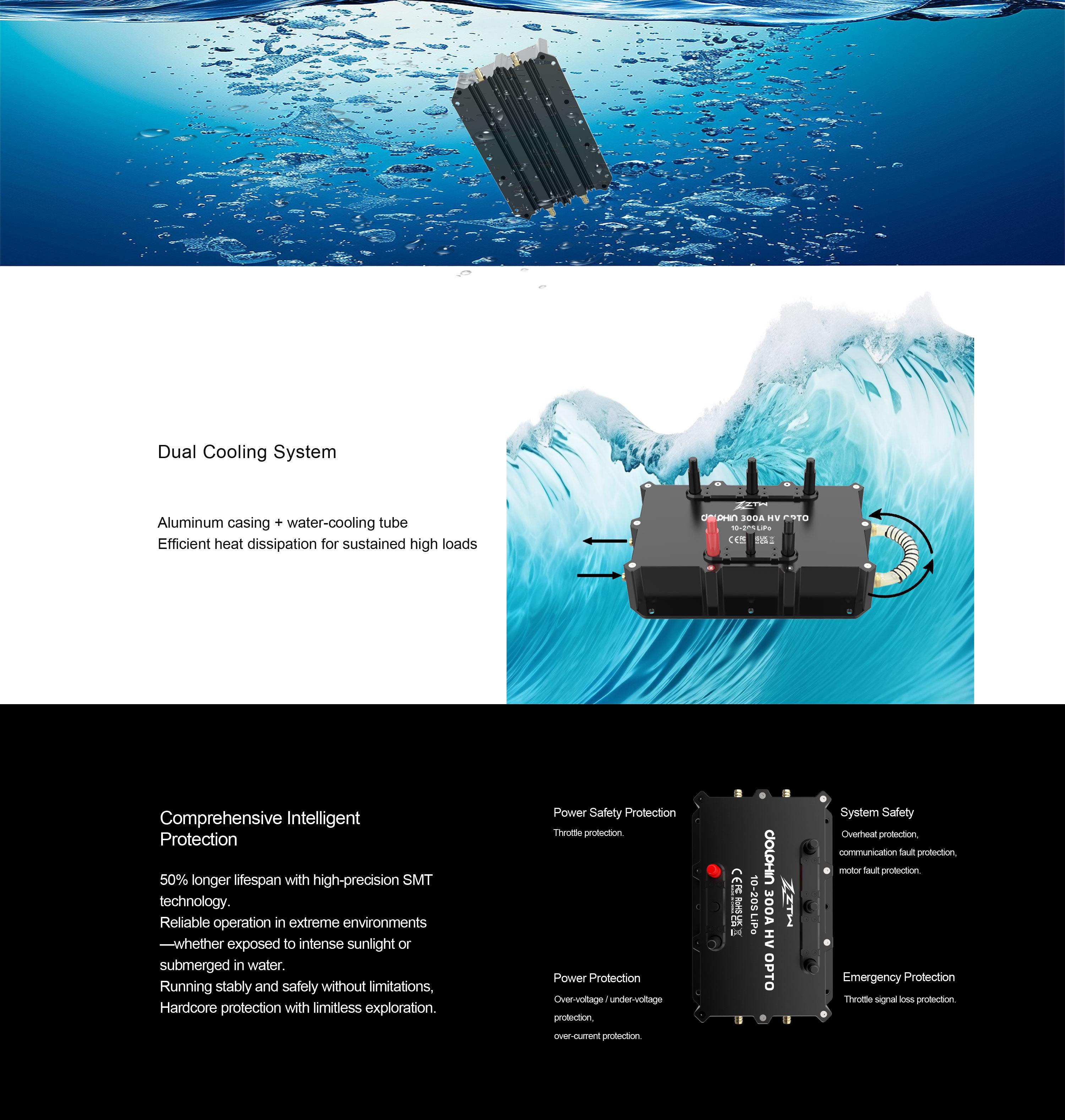 IP67 ZTW ESC 300A Waterproof ESC 10S-20S ESC Marine Propulsion