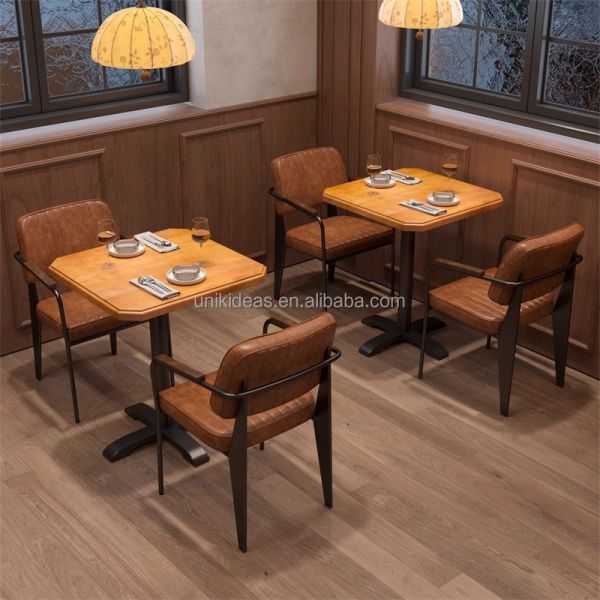 New Arrival Commercial Restaurant Furniture Dining Table Set with PU Leather Armchairs Square Wood Table for Cafe Bar Hotel