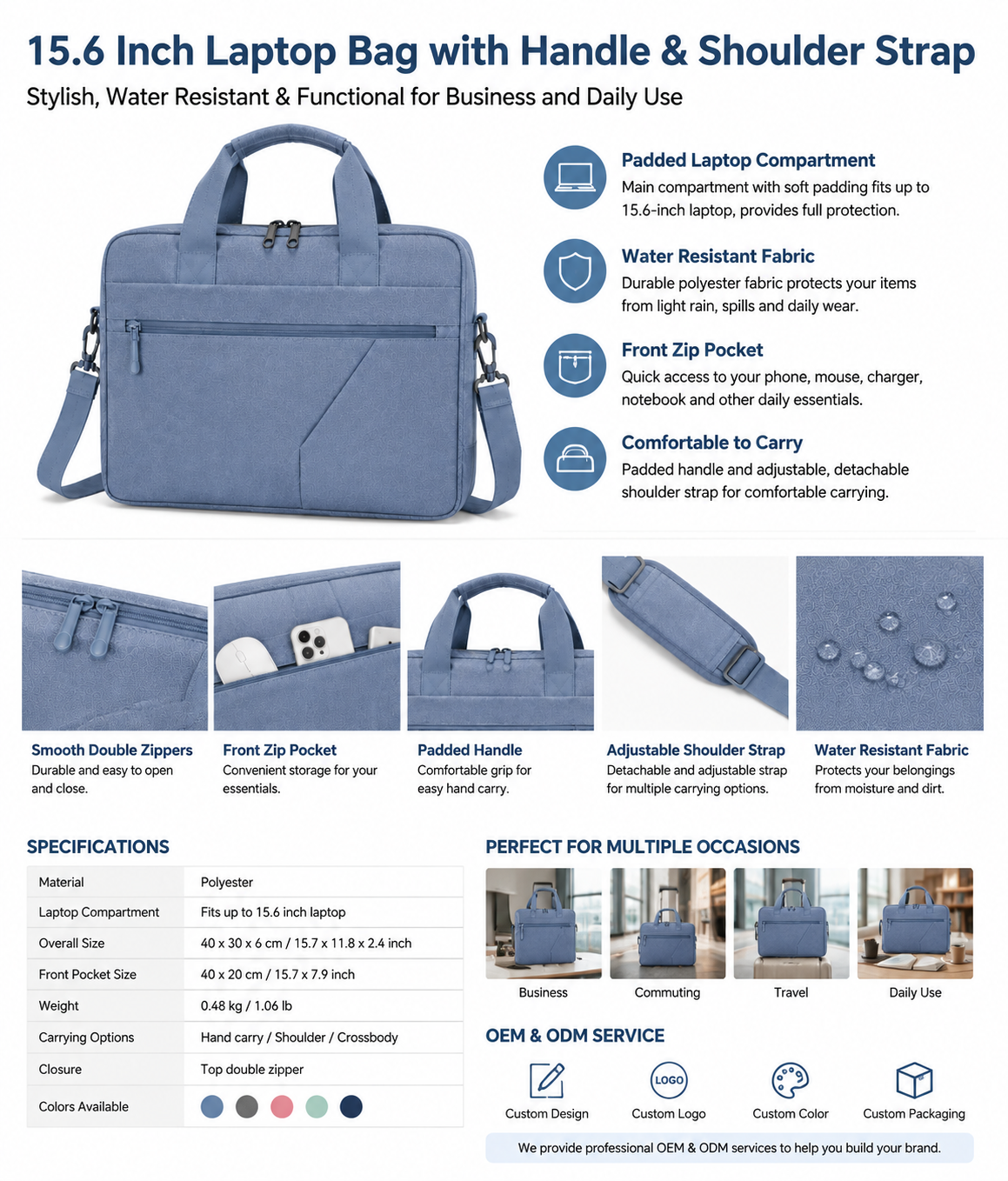 Water Resistant Laptop Bag With Padded Compartment And Multiple Pockets For 15.6 Inch Laptop Business Travel And Office Use