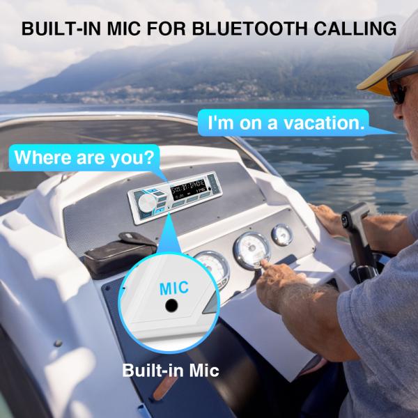 Single DIN Bluetooth Marine Stereo AM FM CD MP3 Récepteur stéréo Couverture blanche imperméable à l'eau Nommé hors route haut-parleurs blancs