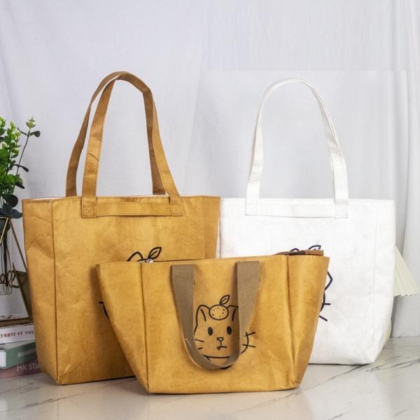 Recycle Untearable Durable Waterproof Eco-Friendly Punched Tote Tyvek Dupont Kraft Paper Shopping Handbag With Polyester Lining