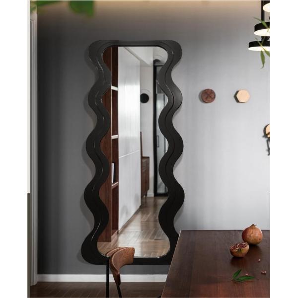 OEM Floor Wavy Standing Mirror Black Ornate Wooden Frame