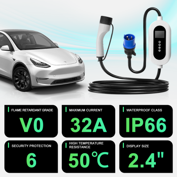 32A 7kw Type 2 Smart Display EV Portable Power Bank With APP Control