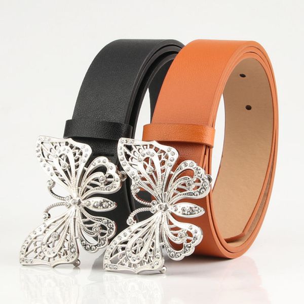 Lingshang Belt Manufacturer Women Adjustable Belts Butterfly Crystal Buckle Faux Leather Belts