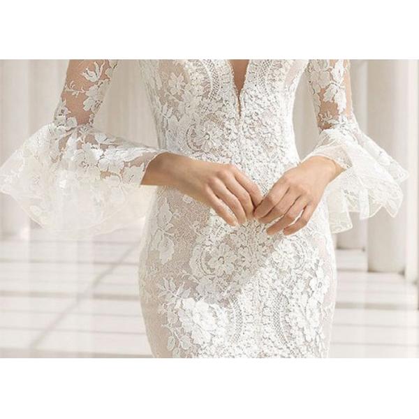 Deep V Neck Long Sleeve Lace Mermaid Wedding Fishtail High Slit Buttons Back