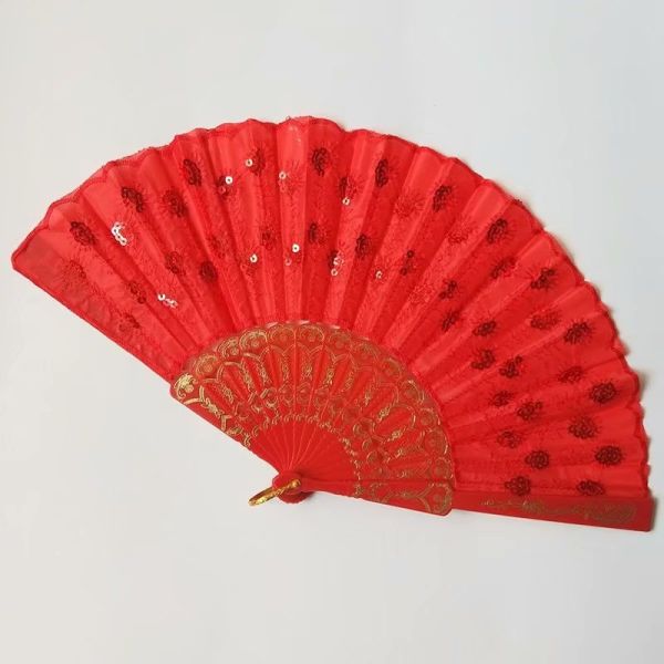 Hot Selling Foldable Hand Held Fan Black Plastic Embroidery Sequin Hand Fan