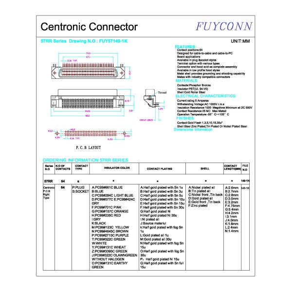 64 соединитель PCB Centronics соединителя Pin прямоугольных женских 32pairs с замком доски