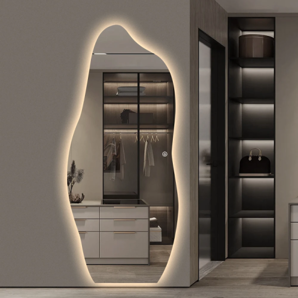 Asymmetrical Shaped LED Backlit Mirror with Touch Sensor Switch and 3000K-6000K Light Color in 5MM Copper-free Silver Mirror