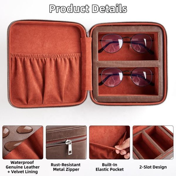 Personalized Logo Zippered Leather Eyeglass Holder Daily Use Reusable Waterproof